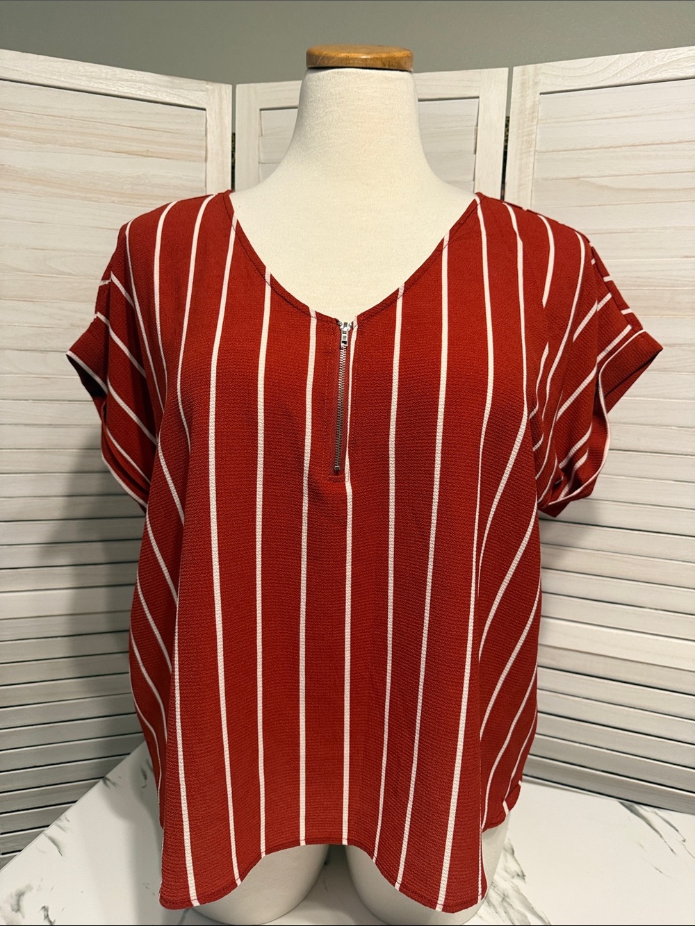Orangish Red and White Vertical Stripe Zip-Front Blouse 3X
